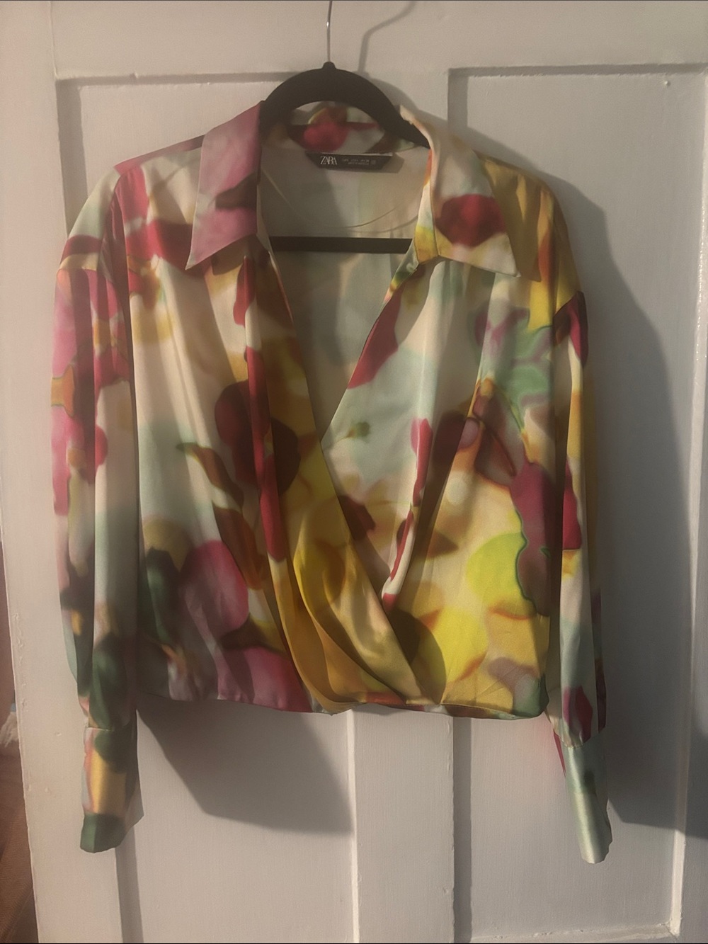 Zara Multicolor Floral Satin Button-Down Wrap Blouse